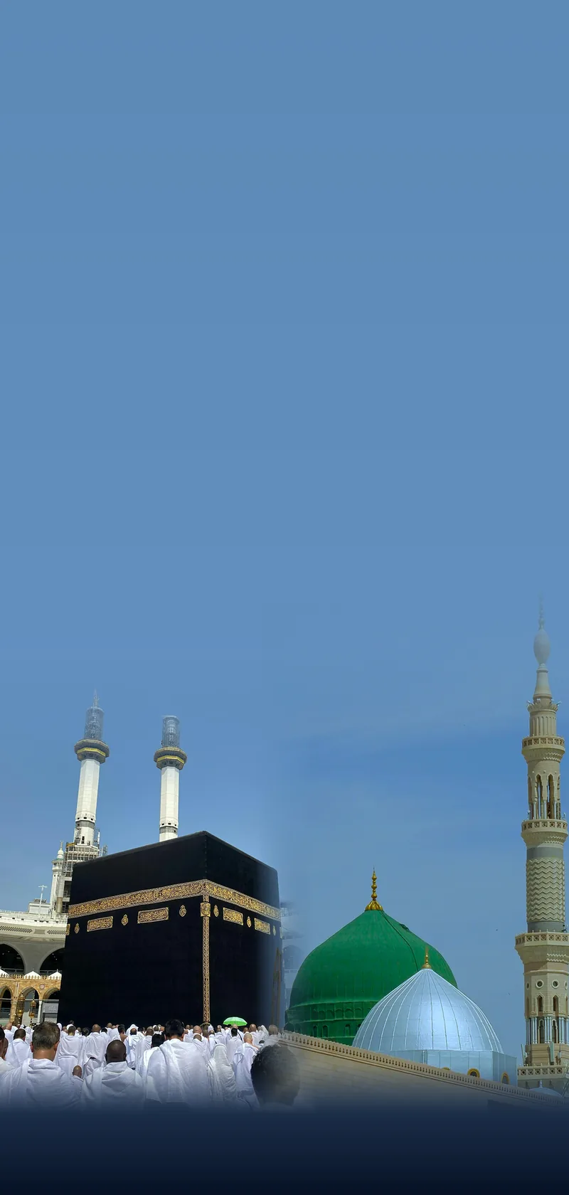 Masjid al-Haram in Makkah with the clock tower and the Kaaba, and Masjid an-Nabawi in Madinah with the Green Dome